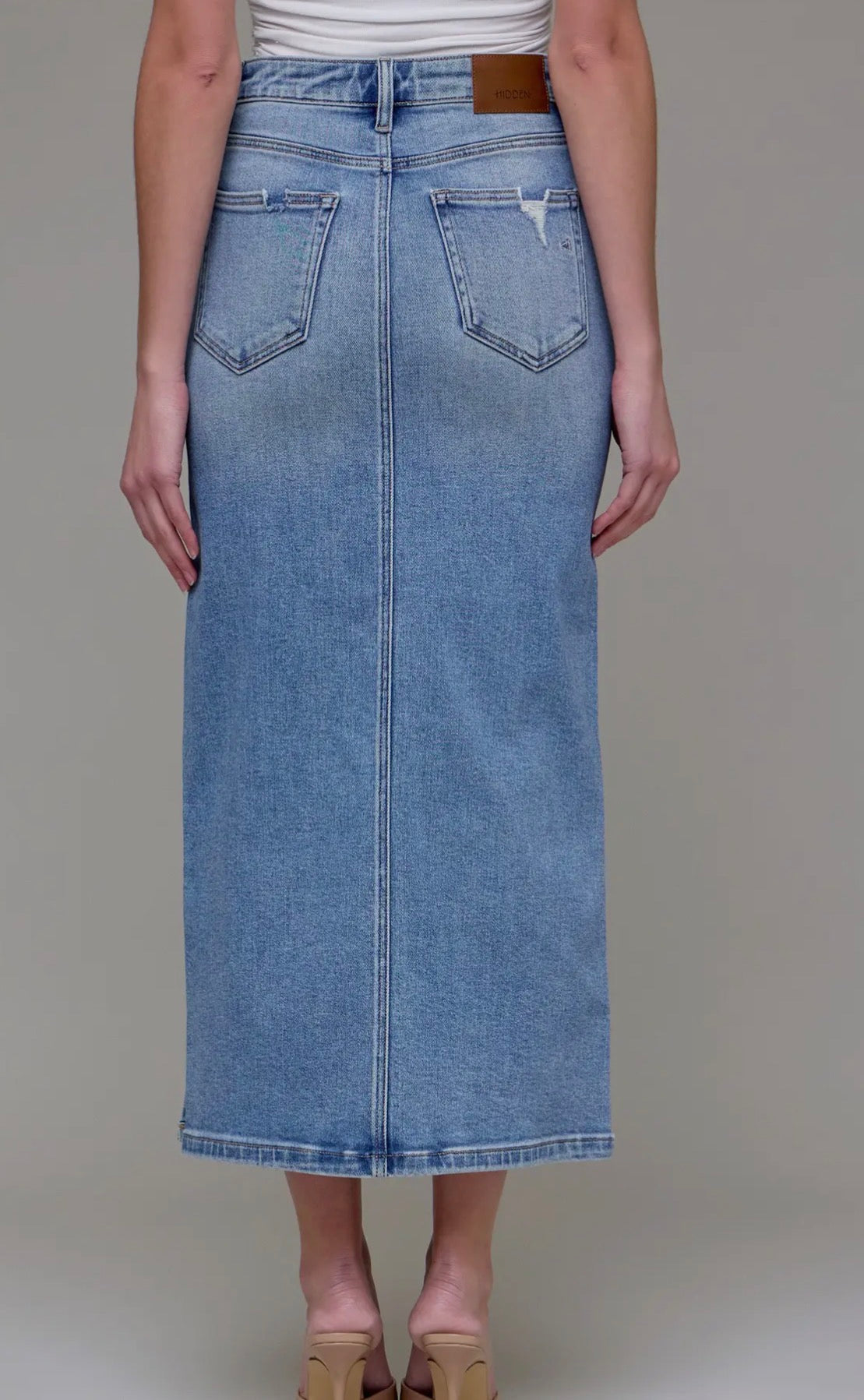 Side Slide Denim Midi Skirt