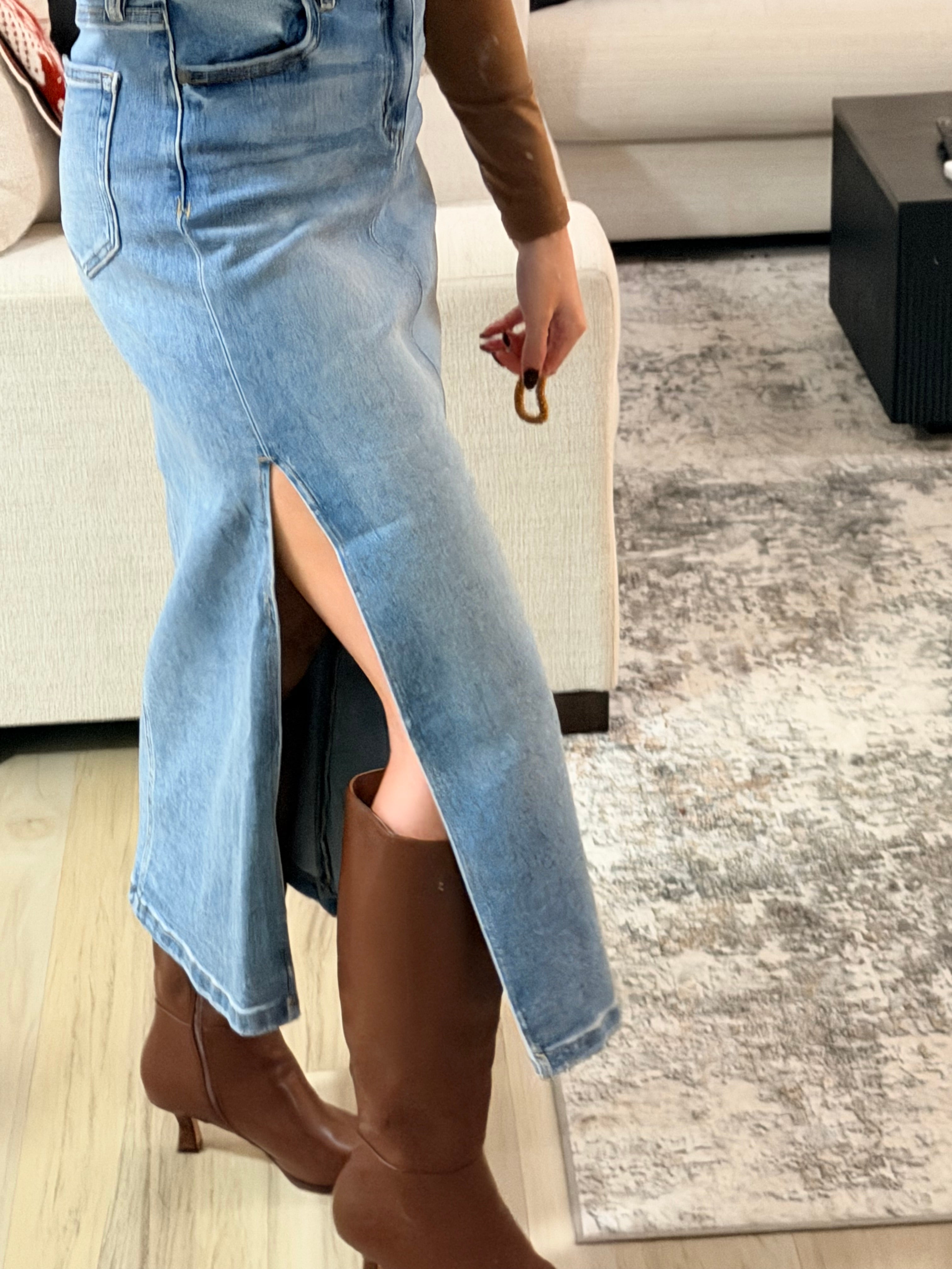 Side Slide Denim Midi Skirt