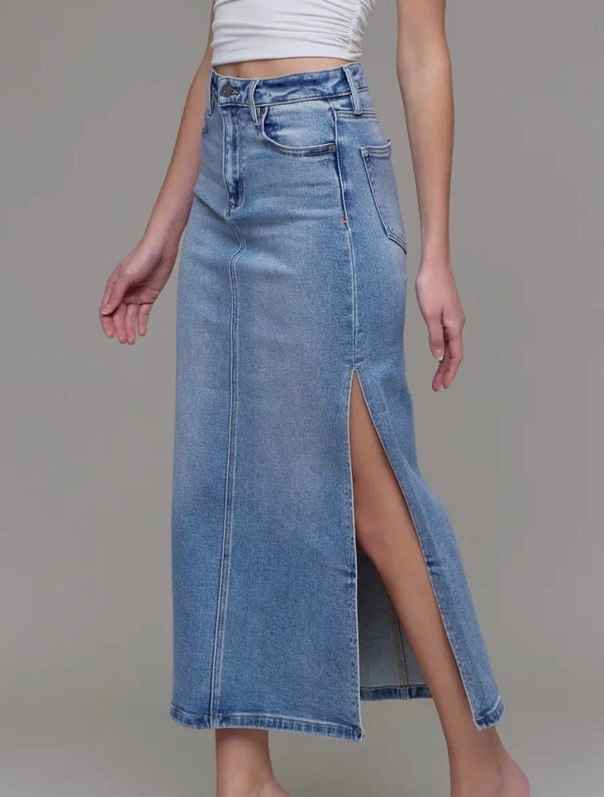 Side Slide Denim Midi Skirt